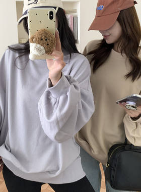 华夫格宽松圆领卫衣女秋冬上衣