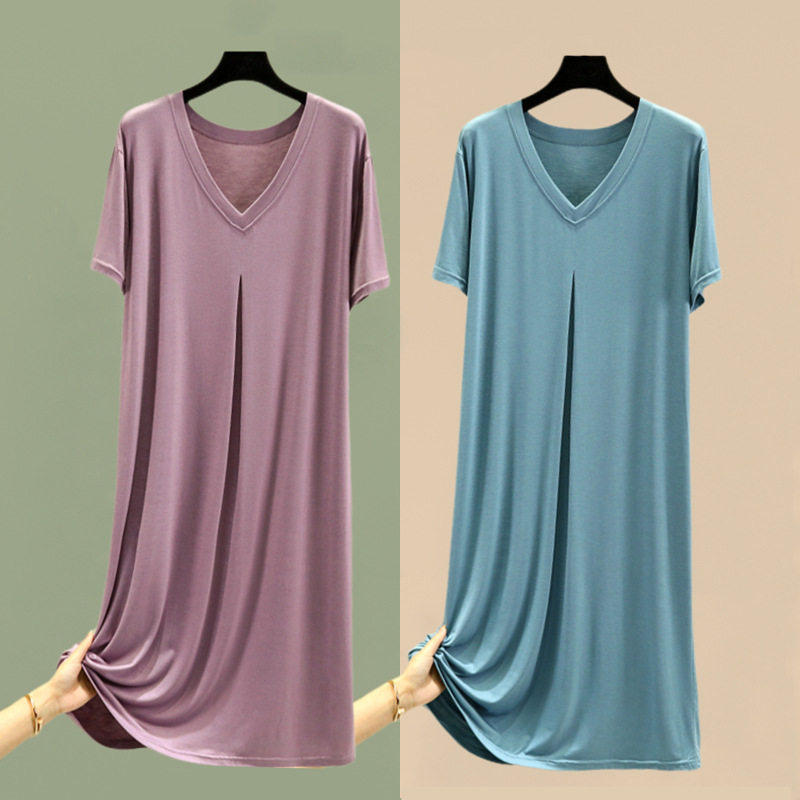 短袖连衣裙女夏季莫代尔V领家居睡裙大码宽松薄款A字裙大摆裙长裙