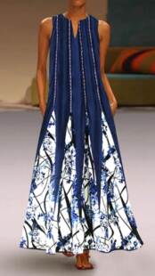 速卖通新夏季欧美女士复古印花连衣裙V领无袖插兜连衣裙潮 好质量