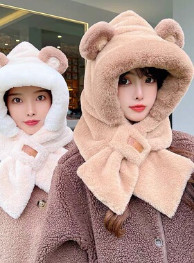 毛绒帽围巾一体围脖Plush hat scarf integrated thickened scarf