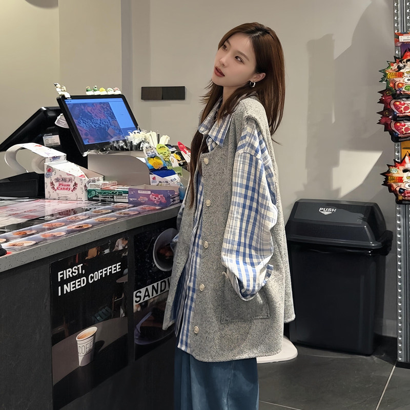 秋装搭配一整套韩系慵懒格纹衬衫叠穿马甲外套牛仔阔腿裤三件套女