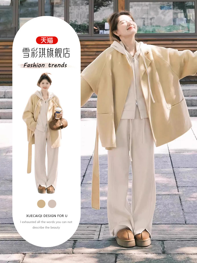 秋冬温柔风格全套女装加码胖毫米宽松修身Look羊毛外衣休闲裤三件