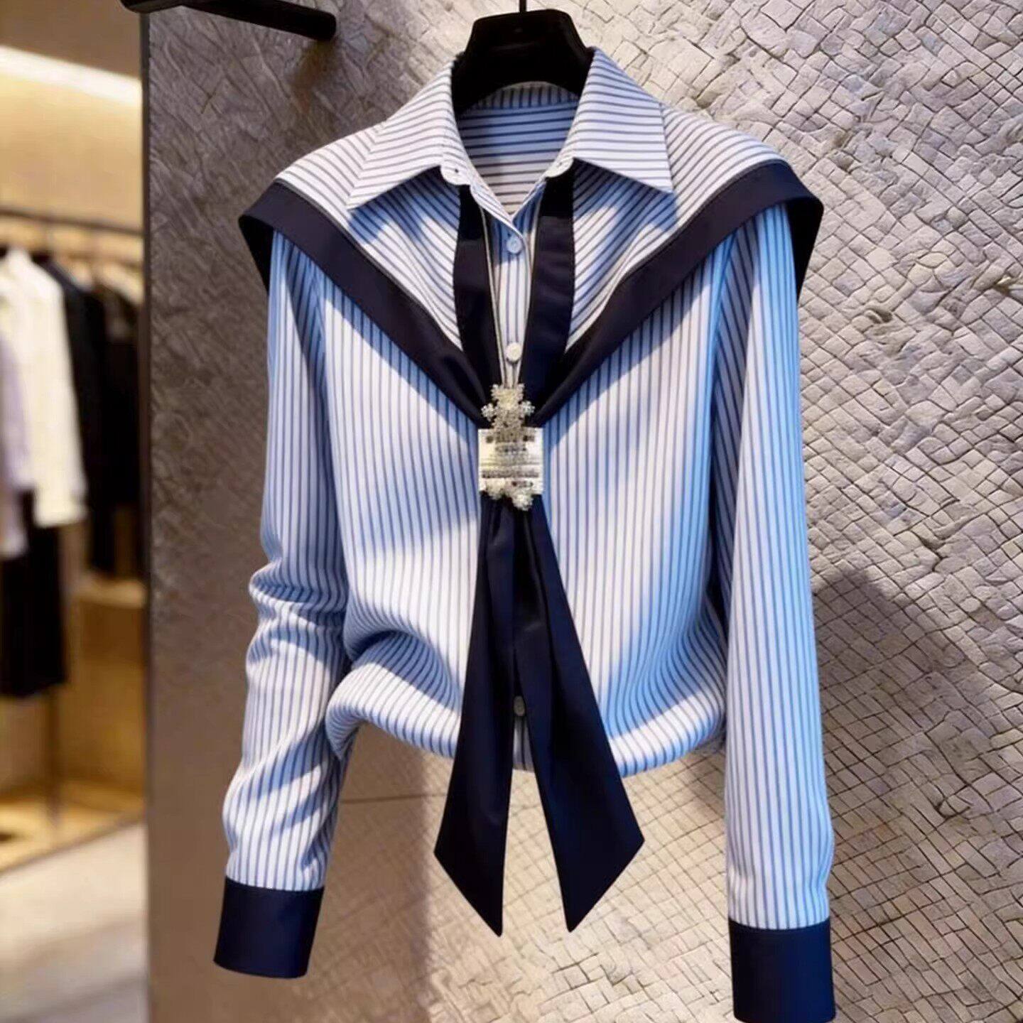 蓝色条纹海军领长袖衬衫女春季新款学院风洋气时尚polo领撞色衬衣