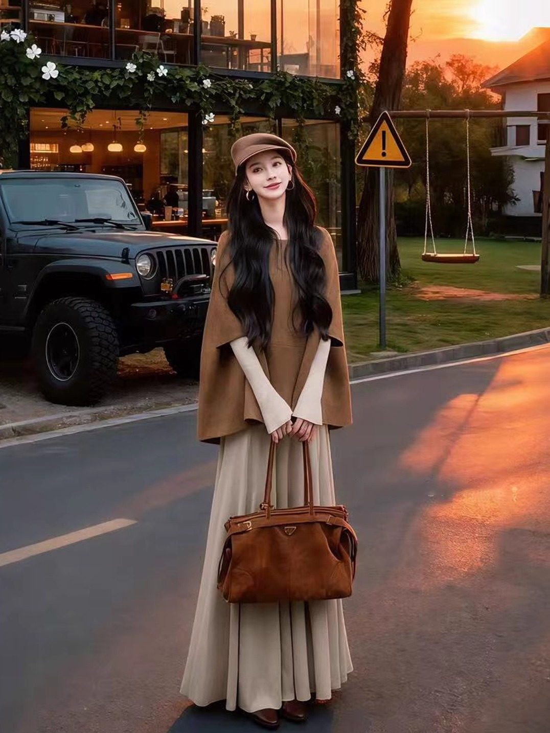 秋装搭配一整套2025法式高级感棕色斗篷外套软糯针织连衣裙两件套