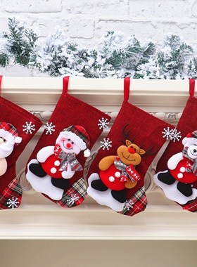 Christmas Linen Embroidered Stocking Sack Santa Snowman Gift