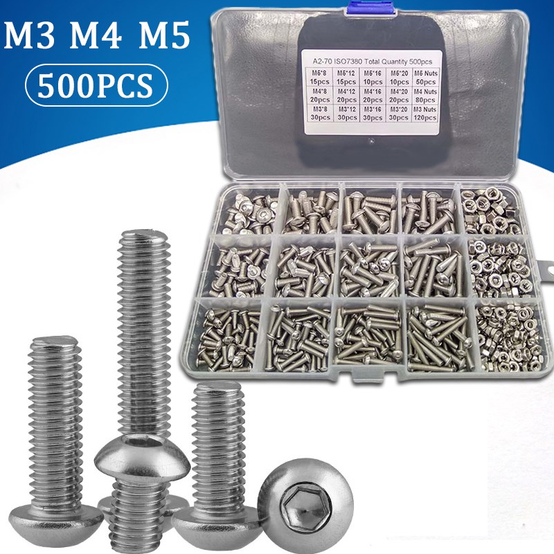 500pcs/box M2.5 M3 M4 M5 Socket Head Bolt Nut Screws Mounti