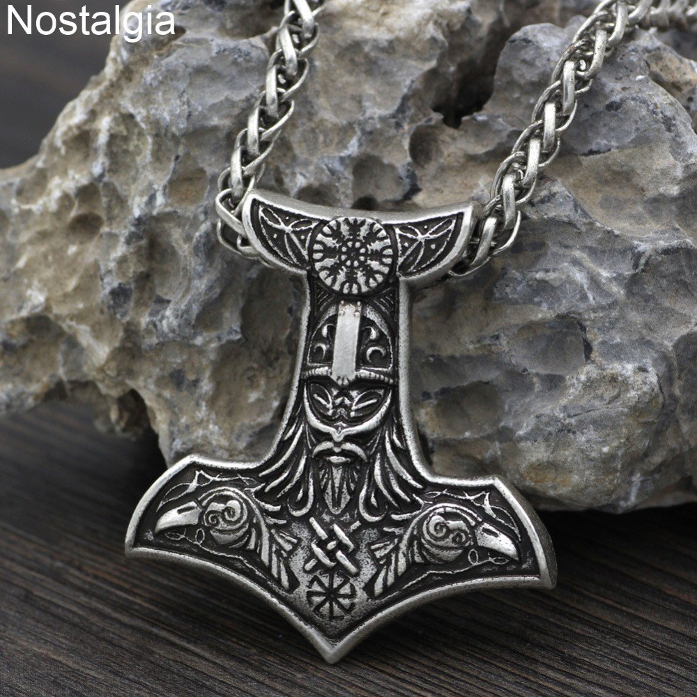 Viking Necklace Thor Hammer Amulet Mjolnir Helm Raven Odin S