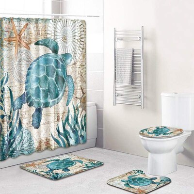 -Shower curtain bathroom floor mat turtle pattern bathroom