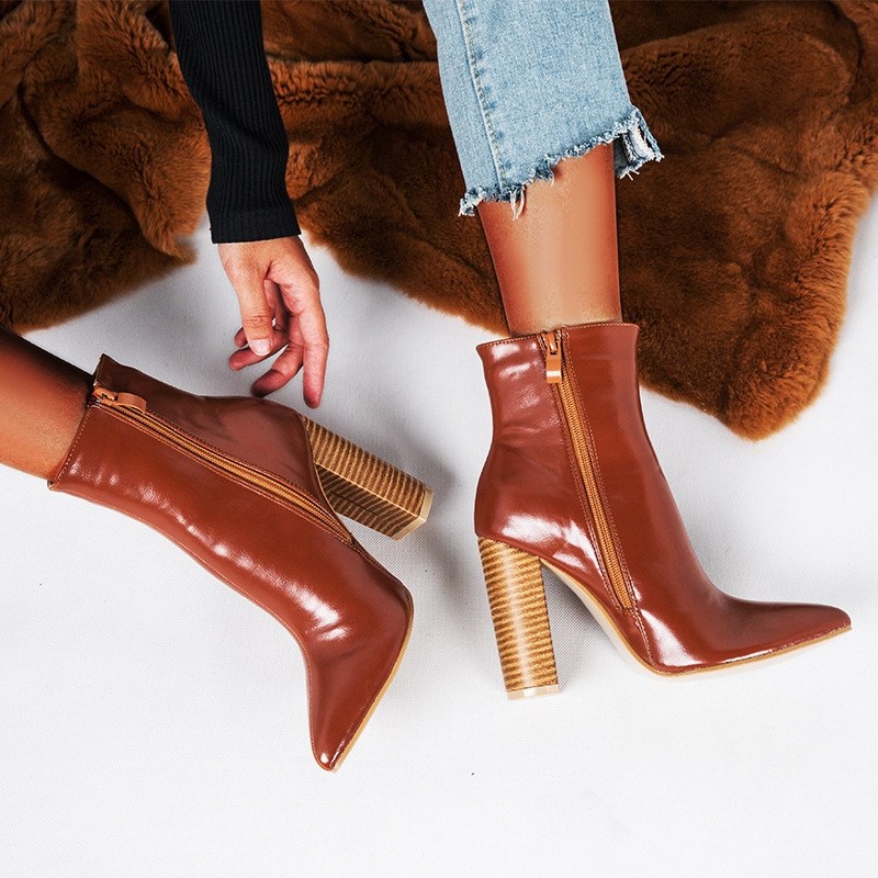 winter women fashion leather boots ladies thick heels shoes