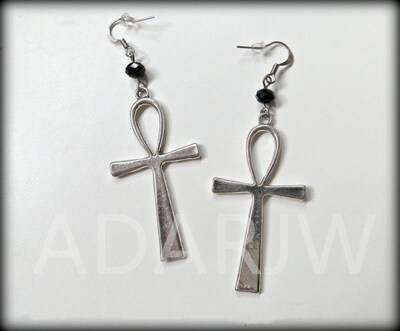 Ankh ear Black glass crystal charms Vintage Jewellery silver