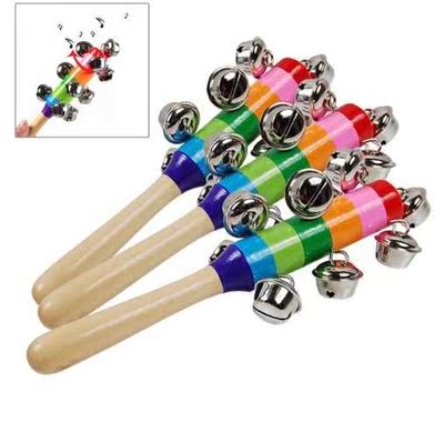 Colorful Wooden Rainbow Handle Jingle Bell Rattle Toys For