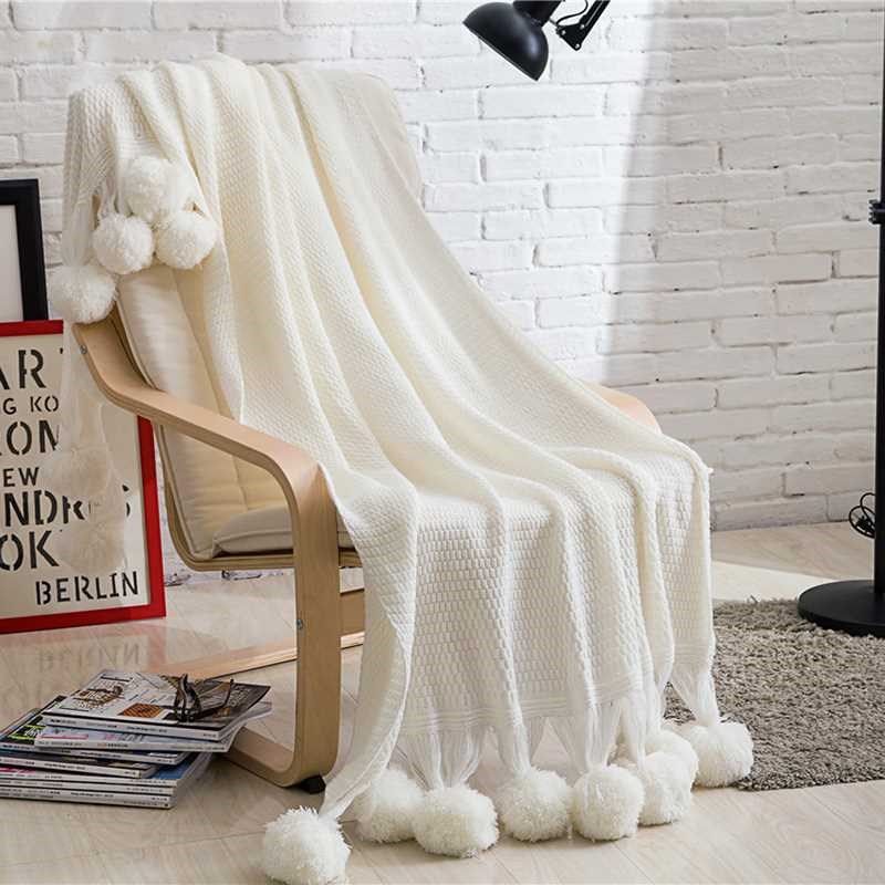 Pom Pom Plush Throw Blanket Crochet Knitted Blanket for Adul