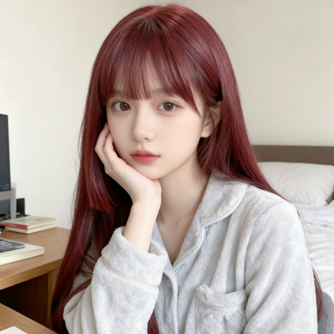 抖音网红同款酒红长直发假发