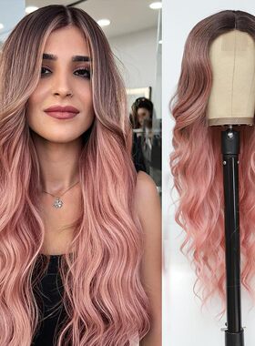 爆款巴西假发 中分橙色酒红色前蕾丝长卷发化纤假发