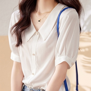 韩版 别致短袖 白色衬衫 雪纺上衣减龄漂亮洋气小衫 女夏2023新款 短袖
