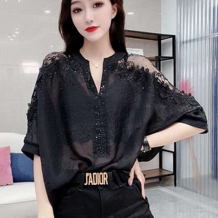 韩版 蝙蝠袖 女2023夏季 V领设计感小众上衣宽松短袖 T恤 新款 雪纺衬衫