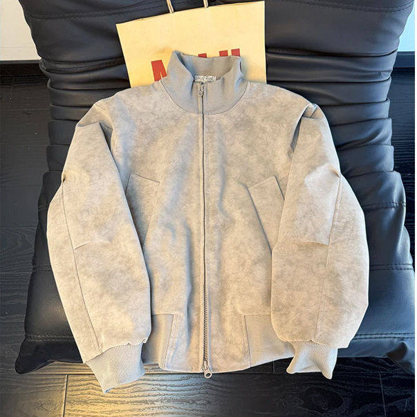 美式复古扎染立领棉服男款冬季加绒加厚廓形PU皮棉衣机车夹克外套