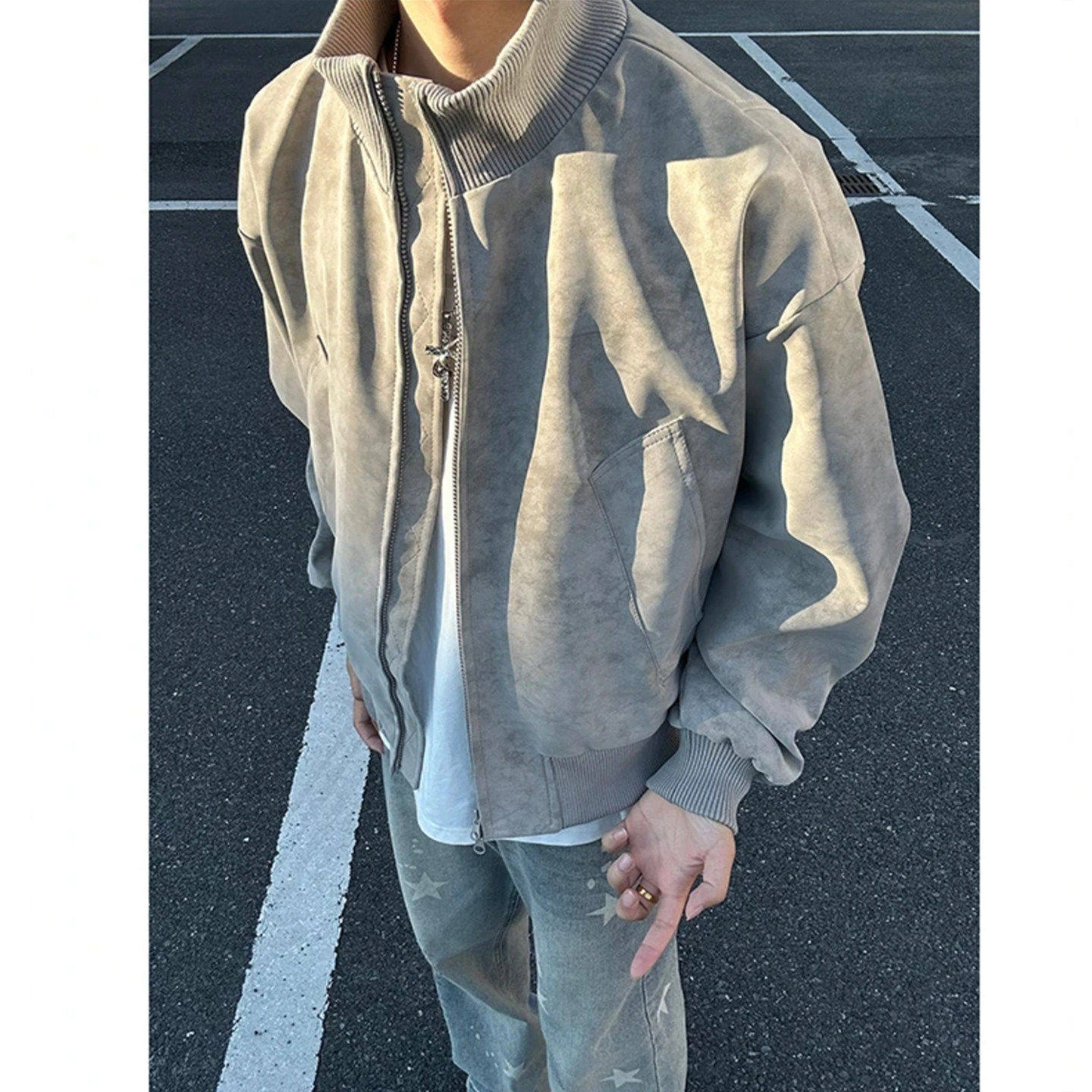 加绒加厚皮衣棉服男女冬季扎染pu棉衣外套美式立领机车夹克秋冬款