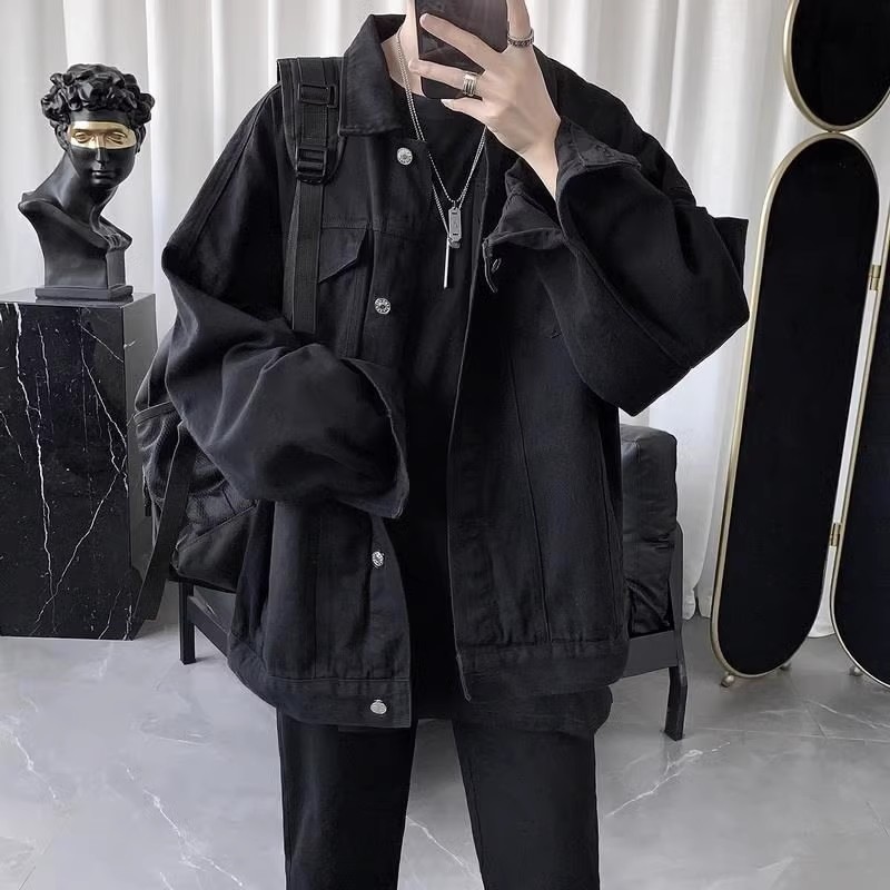 痞帅黑色牛仔外套男款潮牌