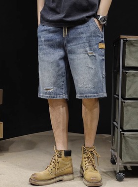美式复古蓝色牛仔短裤男士直筒中裤2025夏季薄款宽松休闲5五分裤