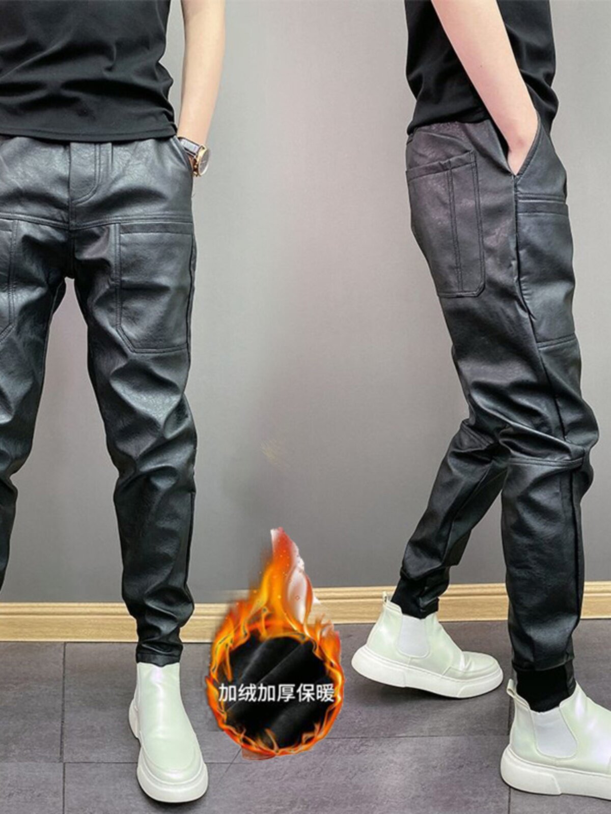 가을 겨울 남성 트렌디 한 벨벳 두꺼운 PU 가죽 바지 방풍 및 방수 6 포켓 솔리드 컬러 잘 생긴 캐주얼 바지