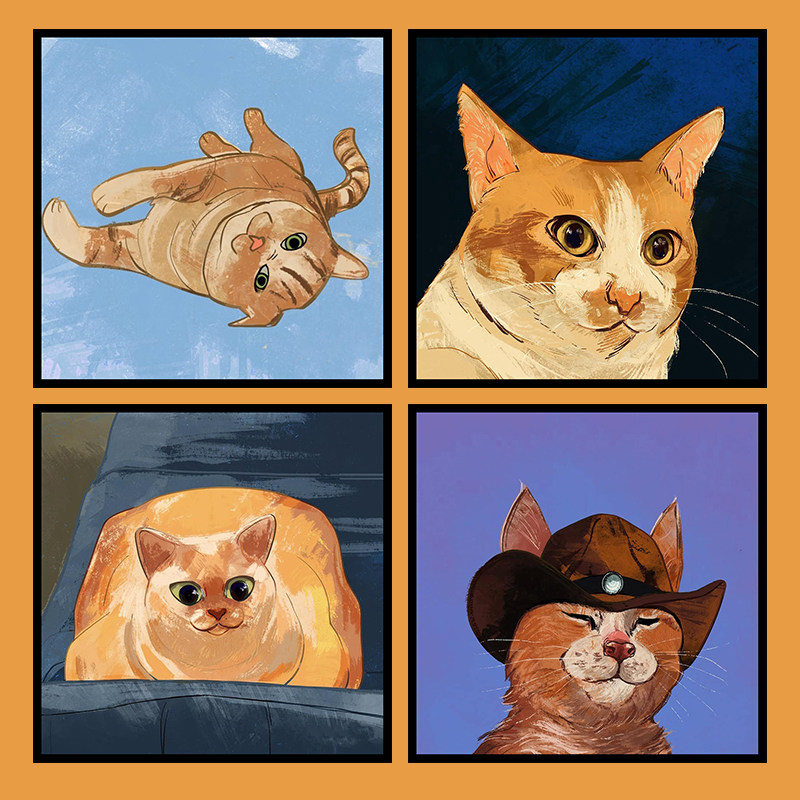 diy数字油画油彩画创意ins可爱卡通呆萌小橘猫插画手绘涂鸦装饰画