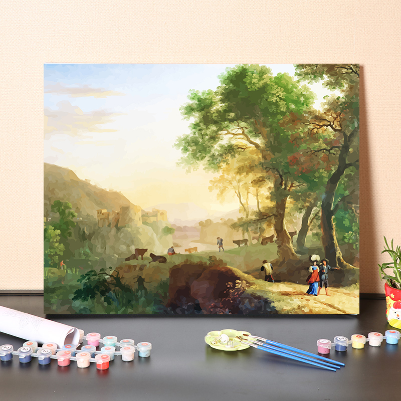 数字油画diy填充法国卢浮宫典藏名画树林风景填色绘画涂色画装饰