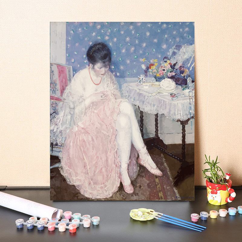 数字油画diy填经典名画摘果子的女子欧式复古人物画像填色涂色画