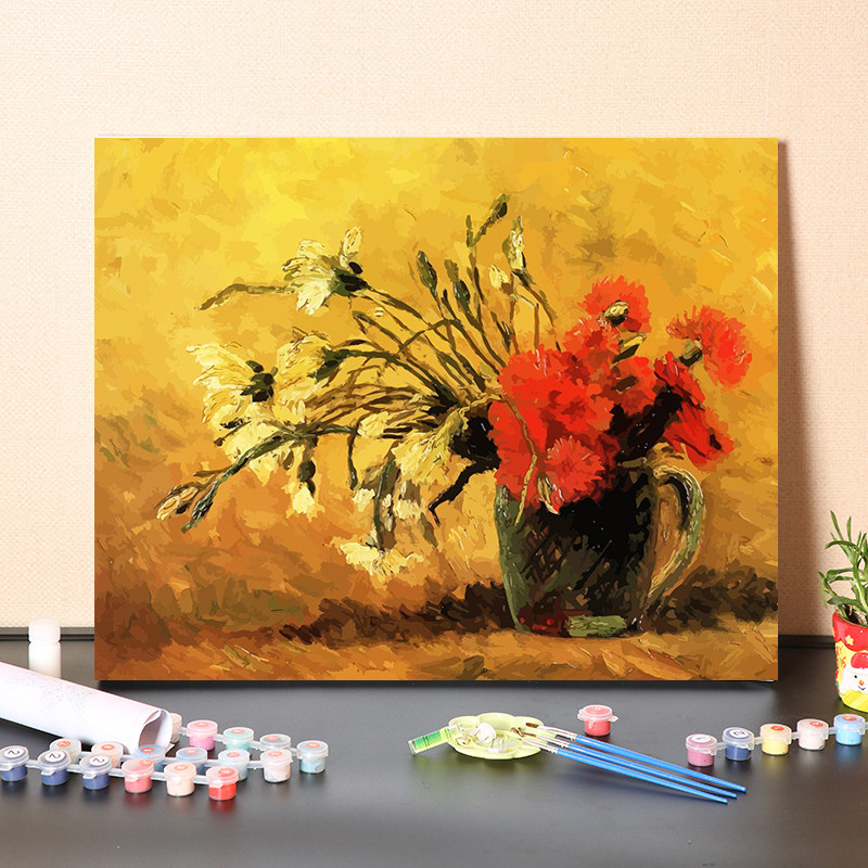 数字油画diy手工填充名人名画梵高红色剑兰花绘画涂色油彩画装饰