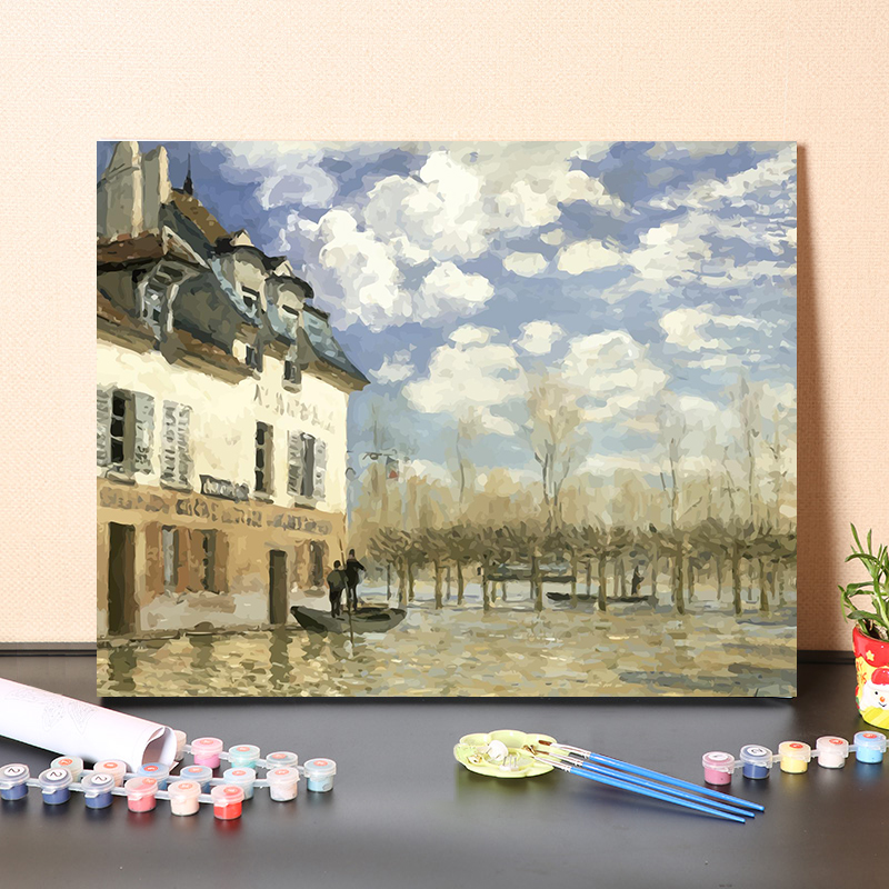 数字油画diy手工填充名人名画西斯莱河岸桥边风景绘画涂色画装饰