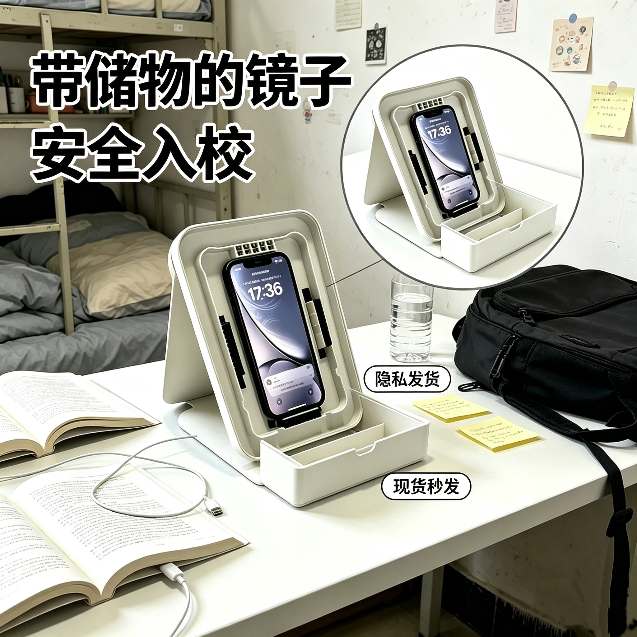 夹层藏手机神器镜子屏蔽混淆金属LED化妆镜