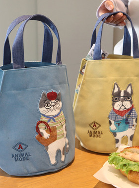 日本kusuguru正品25新款刺绣水桶包手提包焖烧壶包圆形饭盒便当包