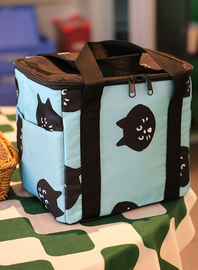 日单卡通惊讶猫保温包饭盒袋户外野餐包大容量手提包铝箔保冷包
