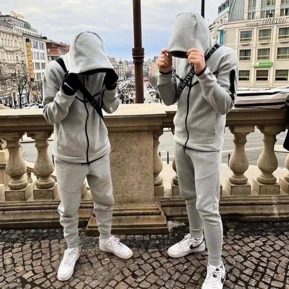 MENS DRILL WIND SPORTS SUIT THIN SPRING AND AUTUMN NEW AIR LAYER COTTON HOODED CARDIGAN SWEATER CASUAL TROUSERS