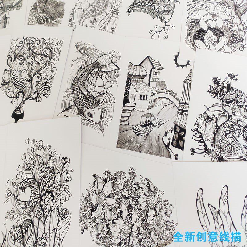 线描画临摹卡美术绘画e线描素材临摹卡片练习范画画室美术生常备