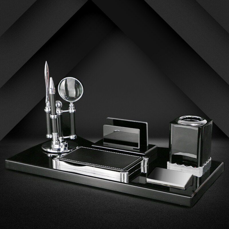 商务台历架老板办公桌面装饰品水晶球摆件现代木质笔筒高档跨境潮