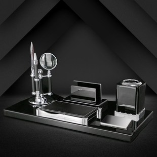 商务台历架老板办公桌面装饰品水晶球摆件现代木质笔筒高档跨境潮