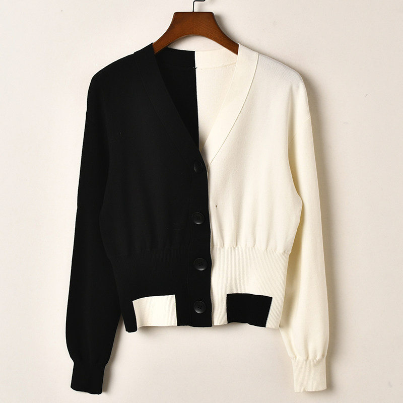 艾诺丝系列轻熟简约风V领黑白拼接针织开衫设计感单排扣百搭毛衣