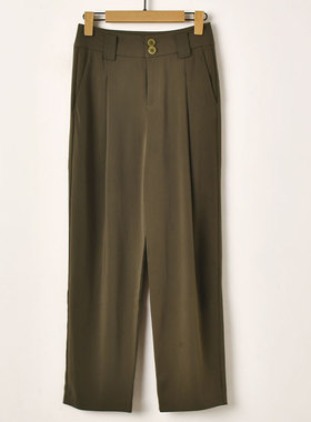 艾诺丝系列简约风高腰直筒休闲裤女宽松显瘦通勤长裤军绿色