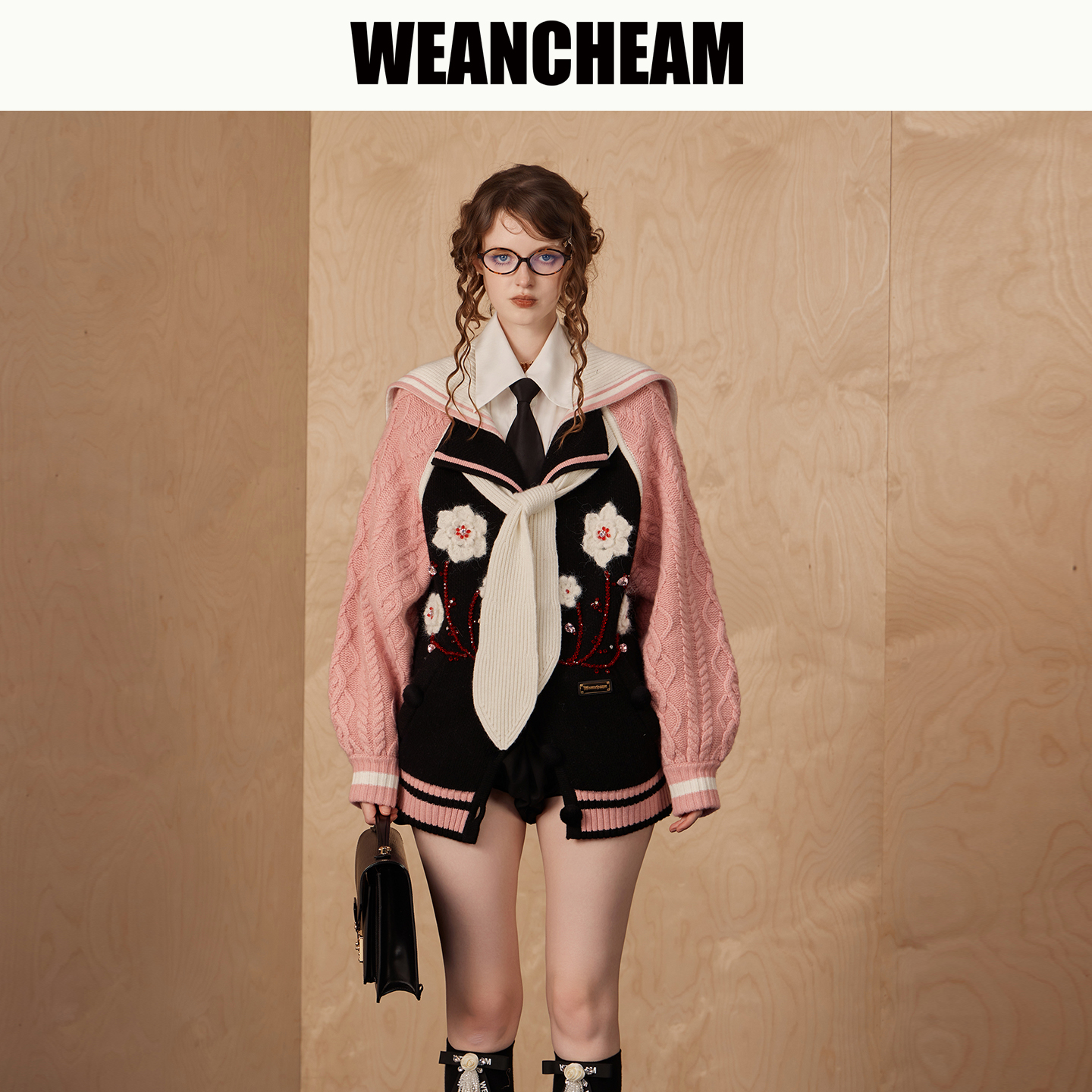 【双11全球狂欢】WEANCHEAM/未未姆  FW25冬季新品海军领针织外套