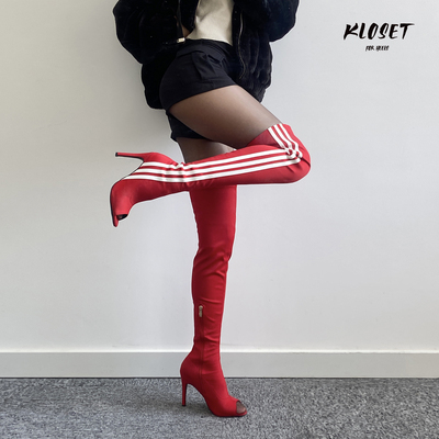 爵士舞高跟鞋heels舞鞋三条杠辣妹红色高跟靴长筒弹力长靴女