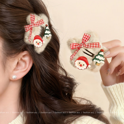 圣诞毛绒星星发夹女新年毛茸茸可爱蝴蝶结bb夹侧边刘海夹头饰发卡