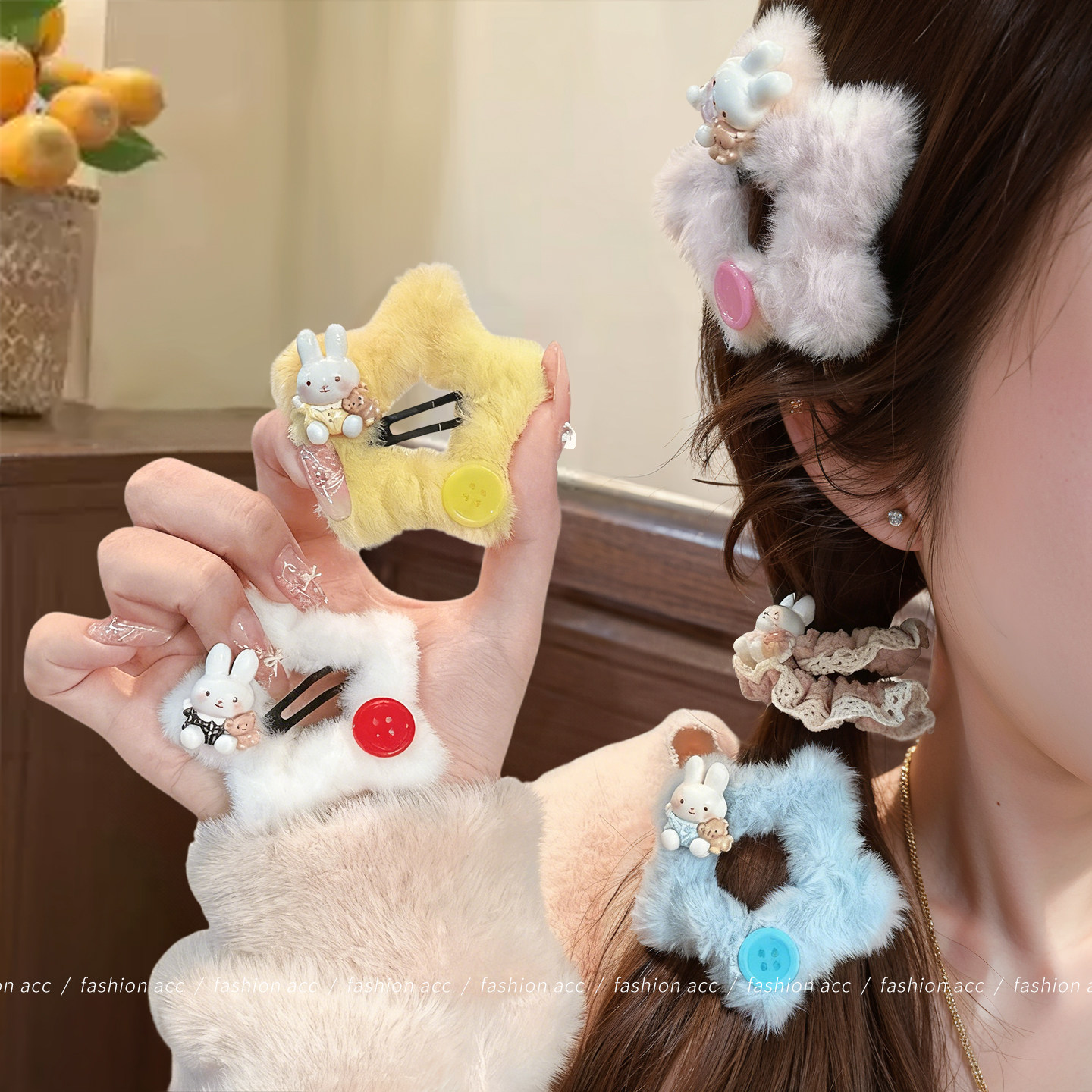 秋冬星星可爱纽扣兔子毛茸茸甜美发夹少女毛绒发卡刘海BB夹子发饰
