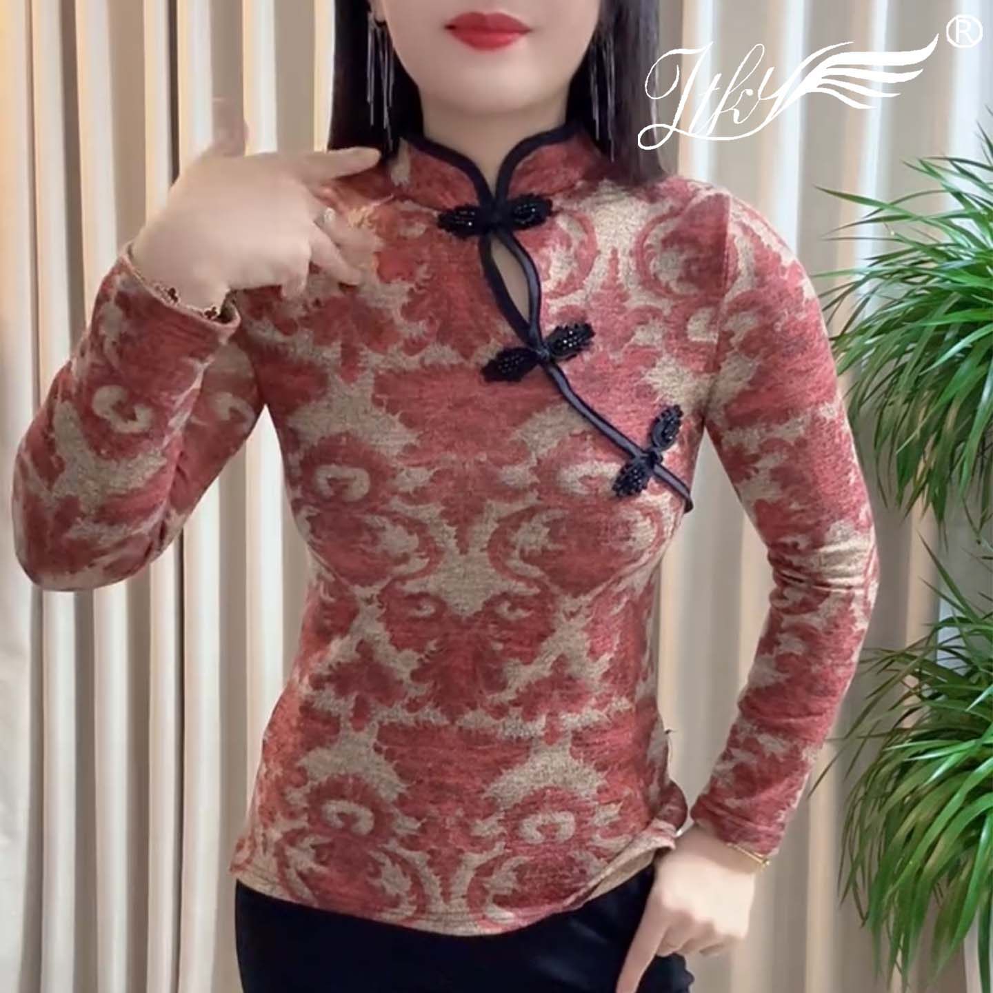 2025年秋冬立领盘扣花卉印花中国风上衣女长袖洋气内搭中式打底衫,女装/女士精品,T恤,淘宝优惠券,粉丝福利购,淘宝优惠卷