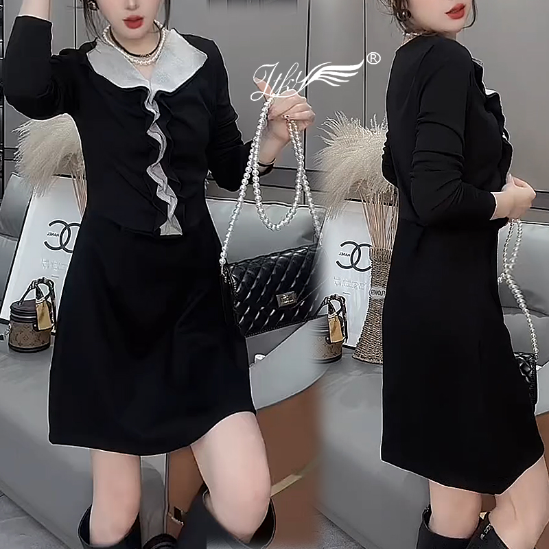 名媛风气质A字裙木耳边翻领裙子