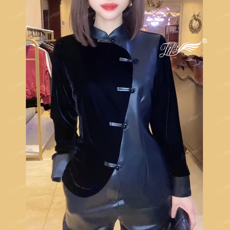 新中式国风丝绒拼接PU皮小衫女冬季新款复古精致潮流减龄显瘦上衣