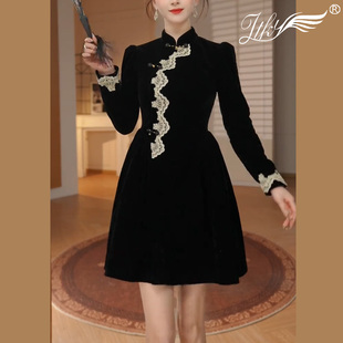 法式高级感气质旗袍改良连衣裙女2025新款秋冬装赫本高级中长裙子