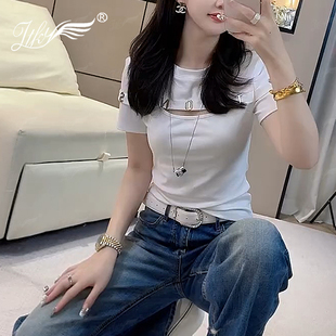新款 2025年時尚 鏤空設(shè)計感字母短袖 女美式 圓領(lǐng)小眾百搭上衣潮 修身