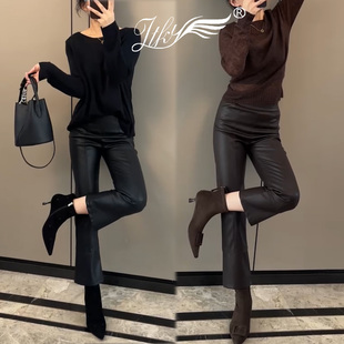 小个子黑色皮裤秋冬新款烟管裤女高腰修身显瘦洋气窄版九分微喇裤