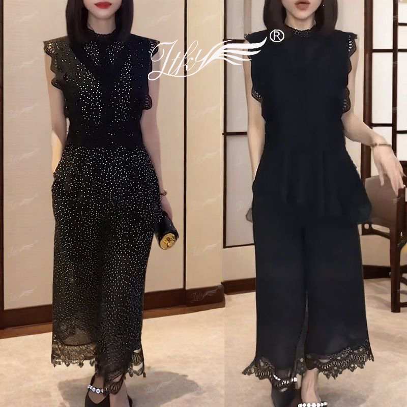 上衣无袖拼接蕾丝收腰直筒裤口袋